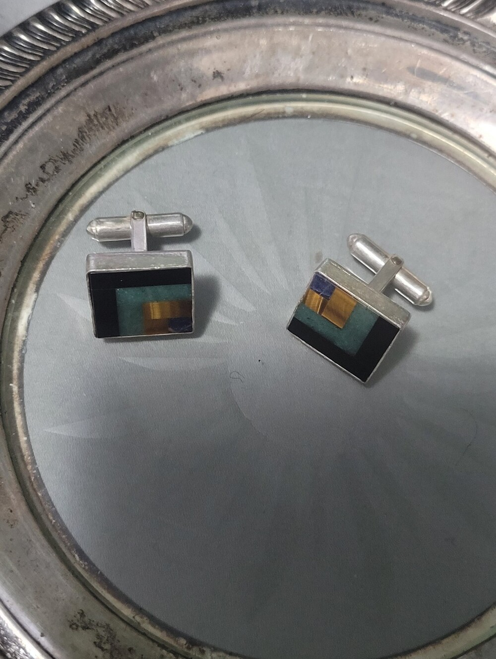 Sterling Silver Multicolor Inlay Cufflinks - Modern Geometric Style